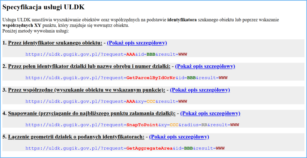 Grafika przedstawiająca stronę internetową z opisem szczegółowych parametrów usługi ULDK