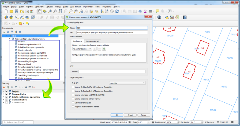 Grafika przedstawiająca widok usługi WMS dotyczącej danych EGiB podłączonej w oprogramowaniu QGIS