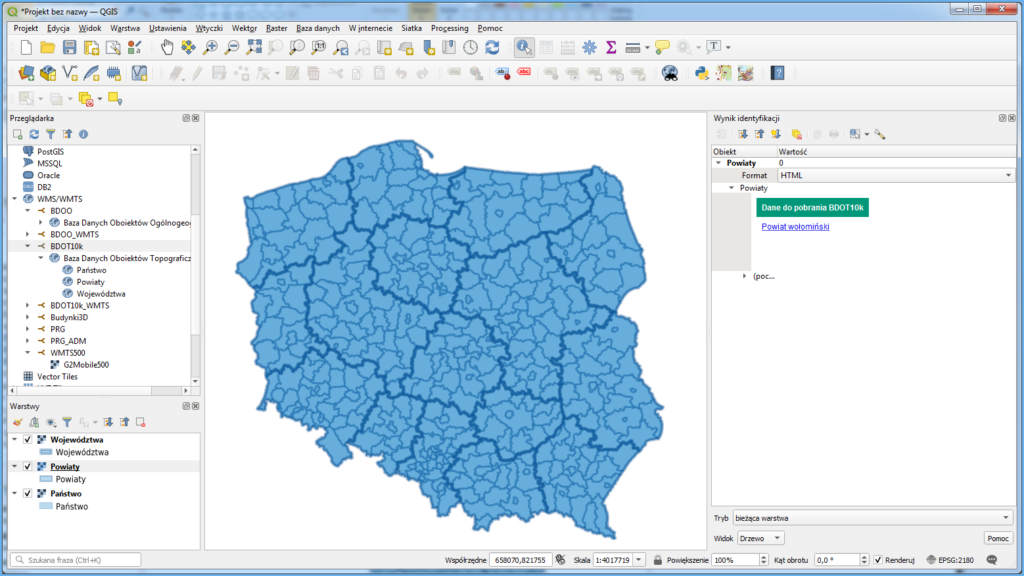 Grafika przedstawiająca pobieranie danych BDOT10k w oprogramowaniu QGIS przez usługę WMS