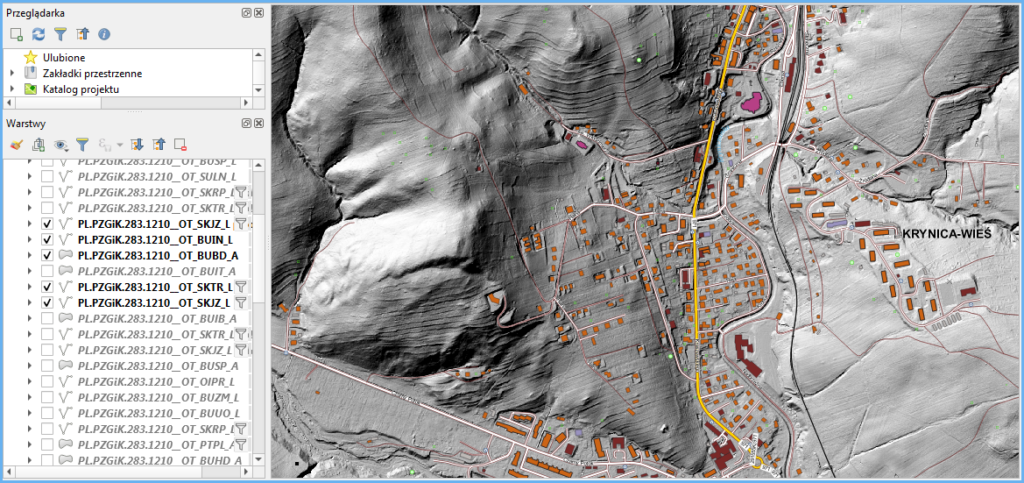 Grafika przedstawiająca wizualizację danych BDOT10k na tle numerycznego modelu terenu