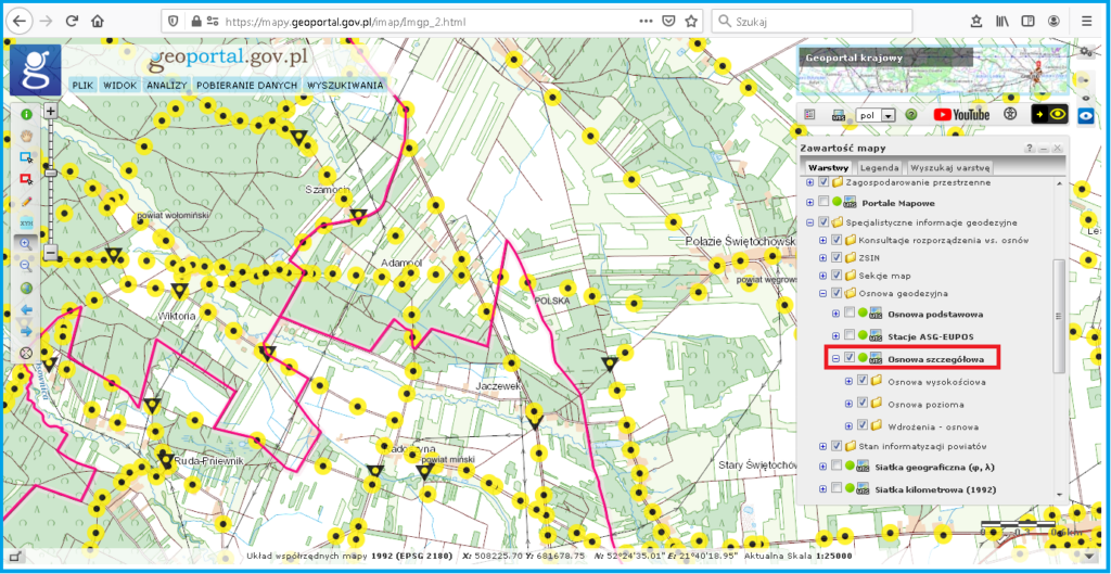 Grafika przedstawiająca widok usługi WMS dotyczącej szczegółowej osnowy geodezyjnej podłączonej w serwisie www.geoportal.gov.pl