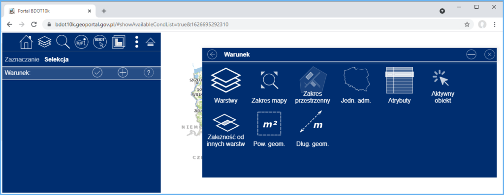 Grafika przedstawiająca widok możliwych warunków dotyczących obiektów BDOT10k i ich wzajemnych relacji