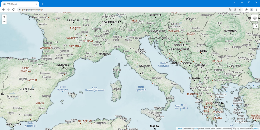Widok portalu mapowego umożliwiającego przeglądanie polskich nazw geograficznych świata
