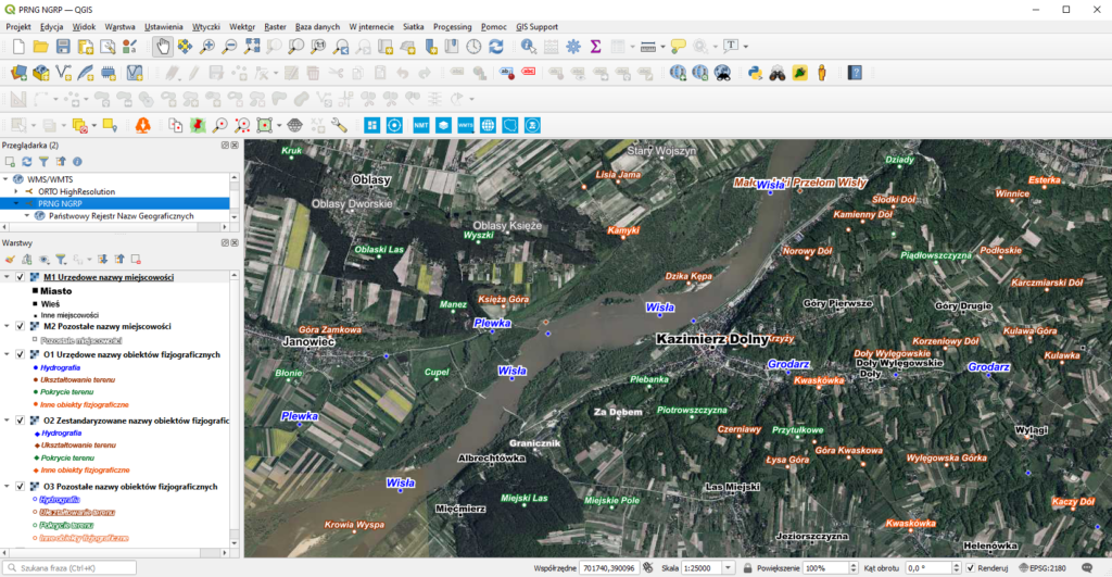 Grafika przedstawiająca dane PRNG widoczne w QGIS