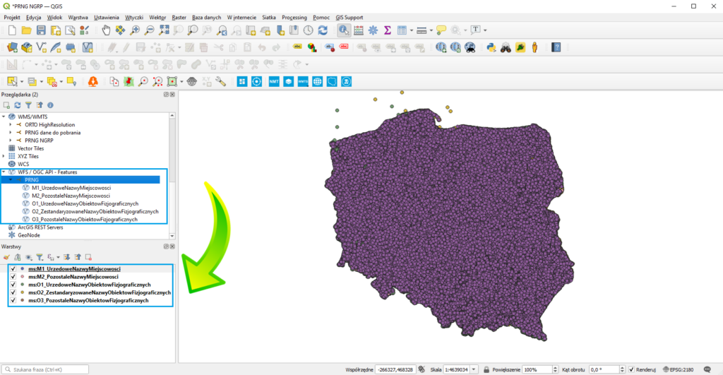 Grafika przedstawiająca utworzenie warstwy informacyjnej z usług WFS w QGIS