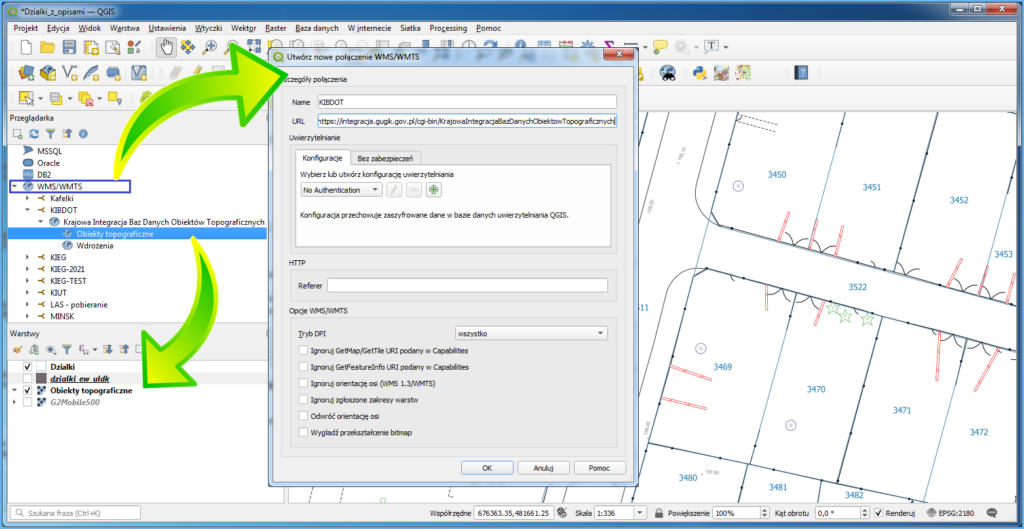 Grafika przedstawiająca widok usługi WMS dotyczącej obiektów topograficznych podłączonej w oprogramowaniu QGIS