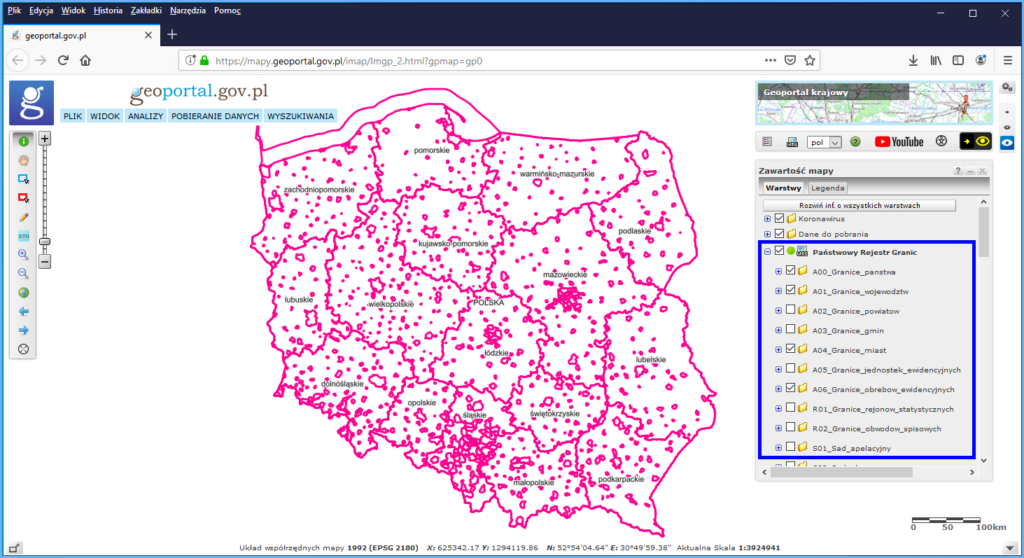 Grafika przedstawiająca dane PRG prezentowane w serwisie www.geoportal.gov.pl