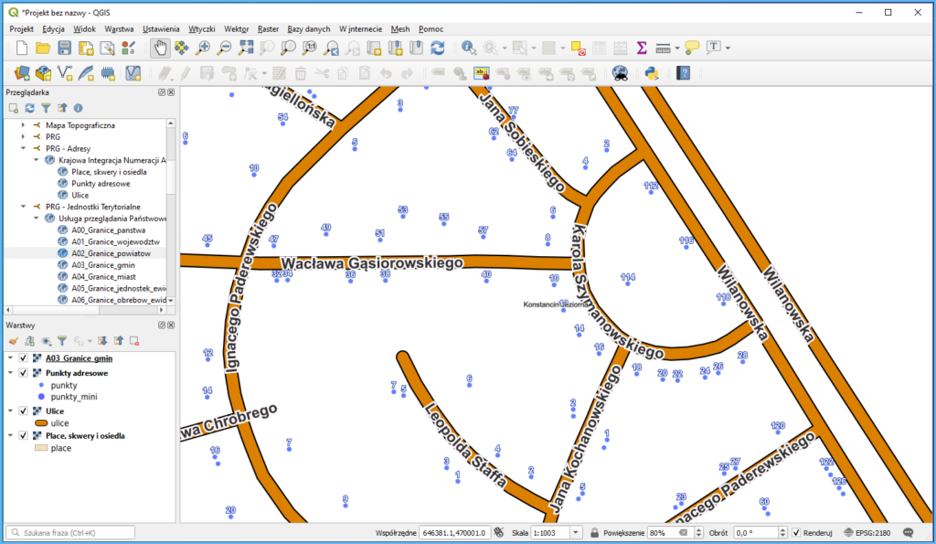 Grafika przedstawiająca dane PRG widoczne w QGIS