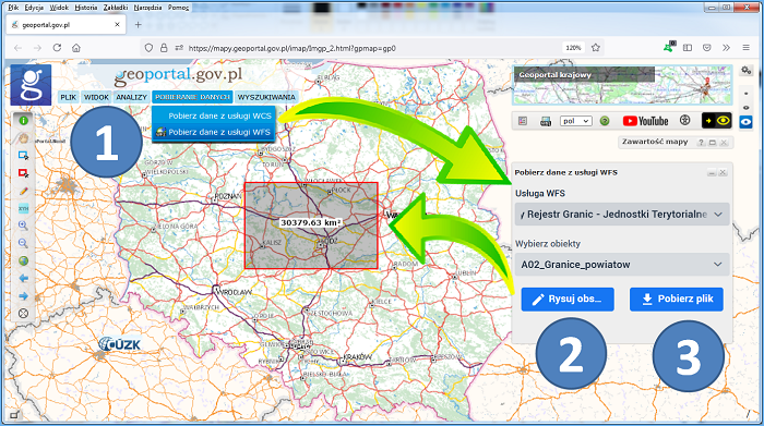 Grafika przedstawiająca pobieranie danych wektorowych PRG w serwisie www.geoportal.gov.pl z wykorzystaniem usługi WFS