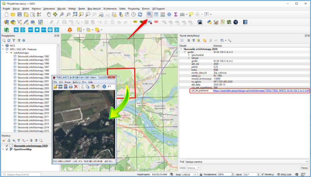 Grafika przedstawiająca widok usługi WFS dla ortofotomapy podłączonej w QGIS