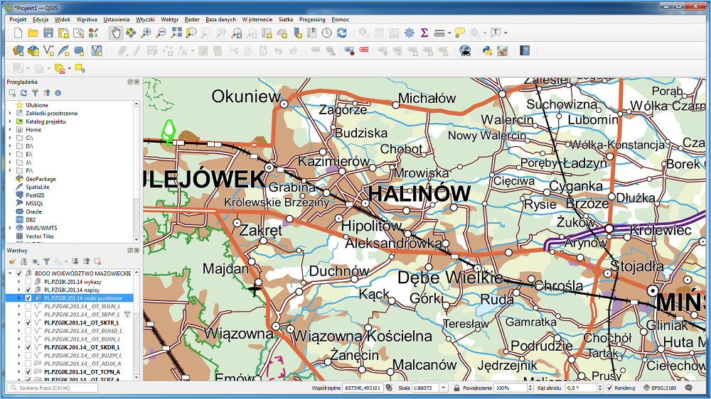 Grafika przedstawiająca wizualizację danych BDOO w QGIS z wykorzystaniem dedykowanej wtyczki GUGiK