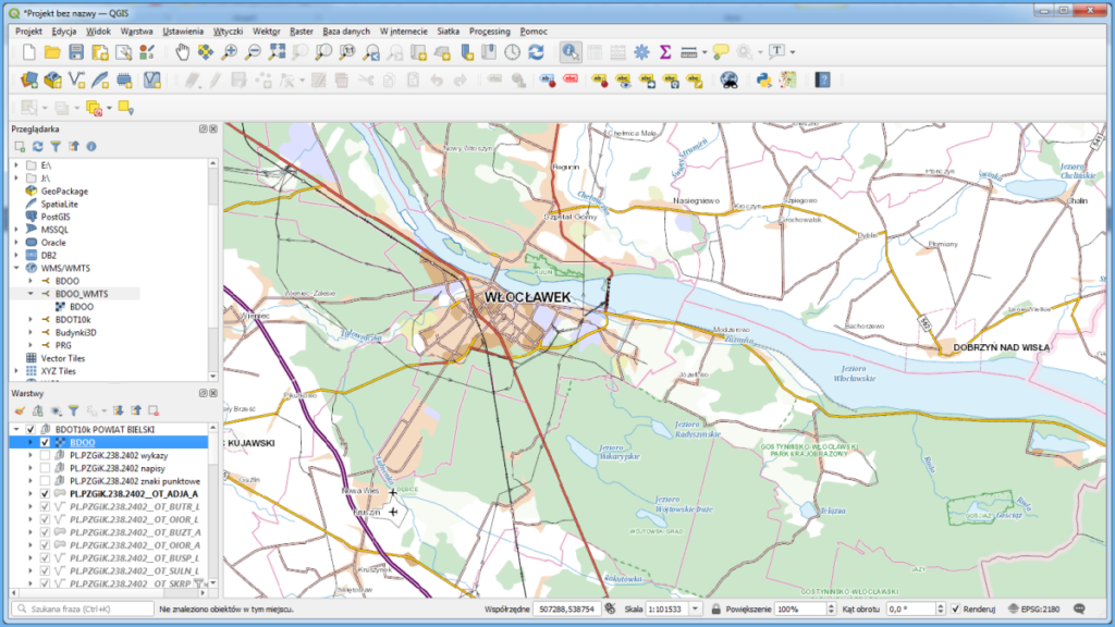 Grafika przedstawiająca wizualizację usługi WMTS dotyczącej danych BDOO podłączonej w oprogramowaniu QGIS