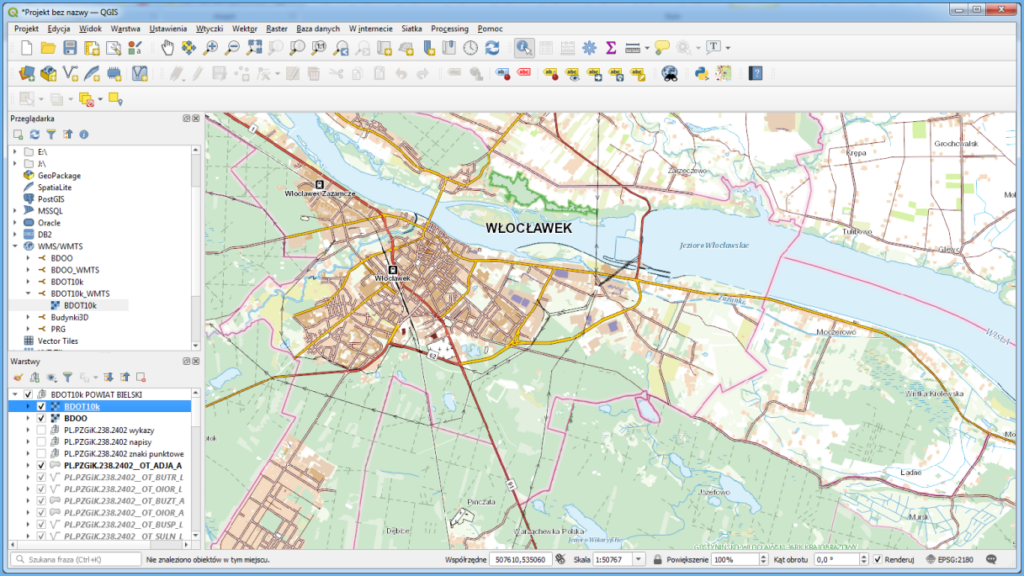 Grafika przedstawiająca wizualizację usługi WMTS dotyczącej danych BDOT10k podłączonej w oprogramowaniu QGIS