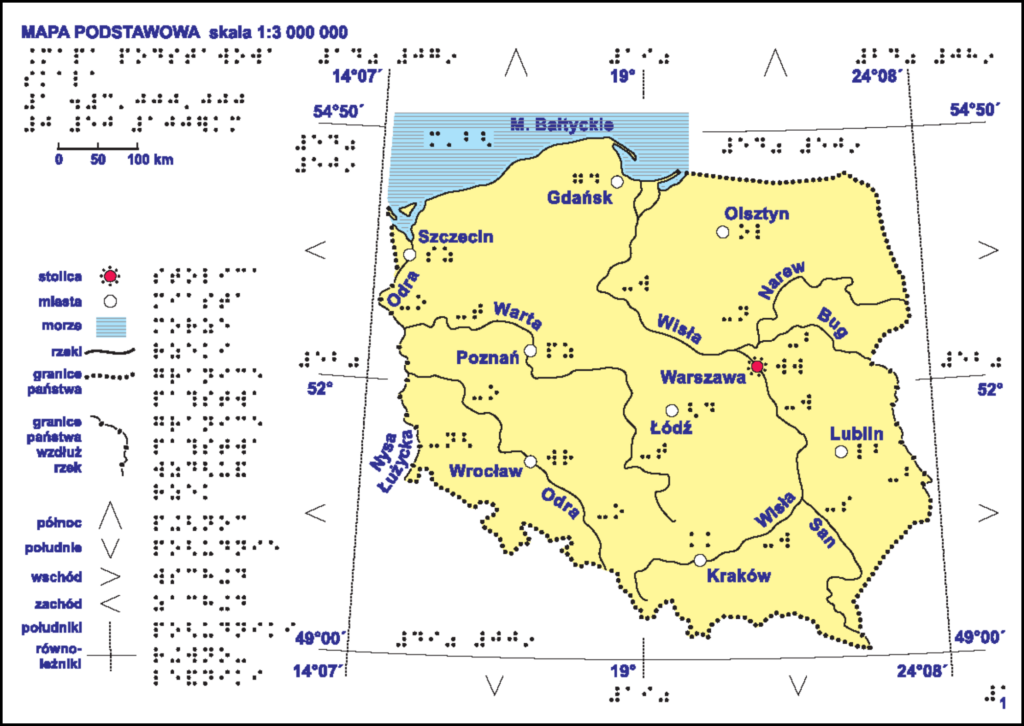 Okładka oraz mapa podstawowa „Atlasu geograficznego Polski” dla niewidomych i słabowidzących