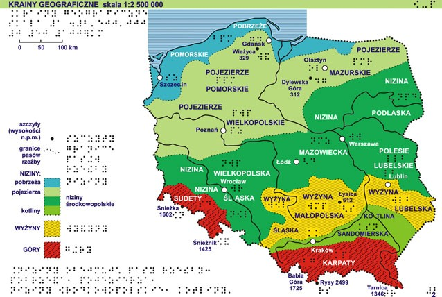 Przykłady map z każdego działu „Atlasu geograficznego Polski” dla niewidomych i słabowidzących