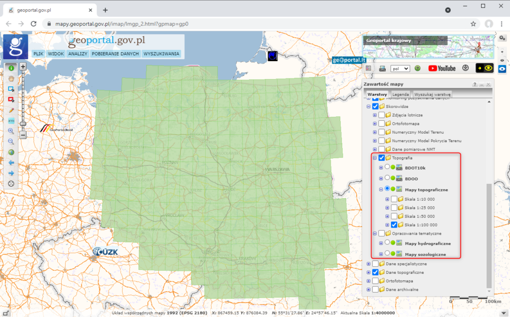 Skorowidze prezentujące dostępność map topograficznych