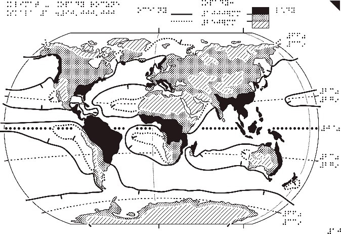 Mapa Klimat – opady roczne z „Atlasu geograficznego świata” dla niewidomych i słabowidzących