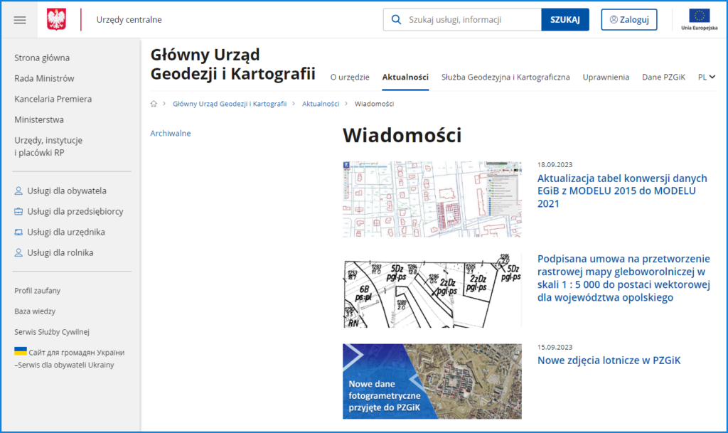 Rysunek przedstawia oficjalną stronę internetową Głównego Urzędu Geodezji Kartografii