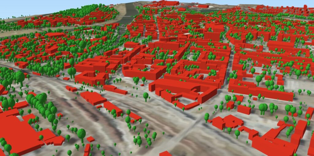 zrzut przedstawia wygenerowane modele 3D drzew wraz z modelami 3D budynków dla m. Opola