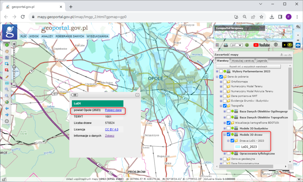 zrzut przedstawia sposób pobierania modeli 3D drzew w serwisie www.geoportal.gov.pl