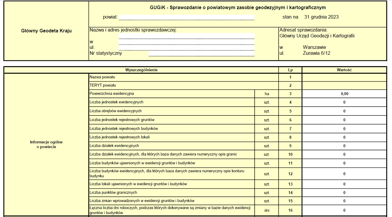 Rys. 1 Ilustracja przedstawia część pozycji w formularzu sprawozdania o powiatowym zasobie geodezyjnym i kartograficznym