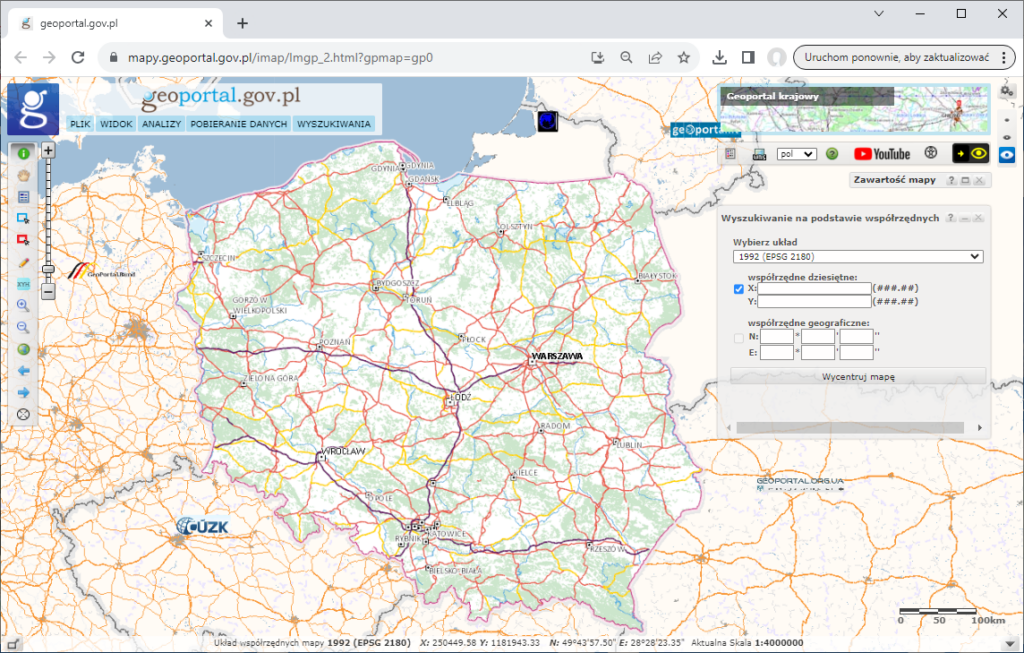 Zdjęcie przedstawia zrzut ekranu z serwisu www.geoportal.gov.pl przedstawiający wyszukiwanie miejsc po współrzędnych