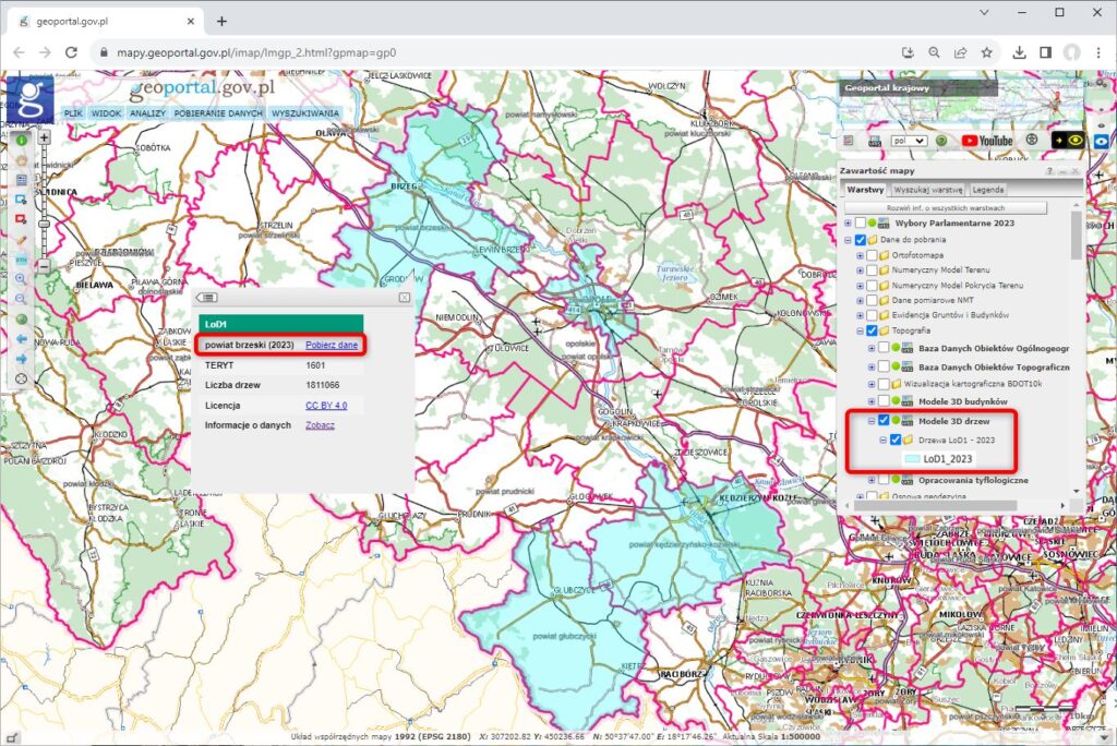 zrzut przedstawia sposób pobierania modeli 3D drzew w serwisie www.geoportal.gov.pl