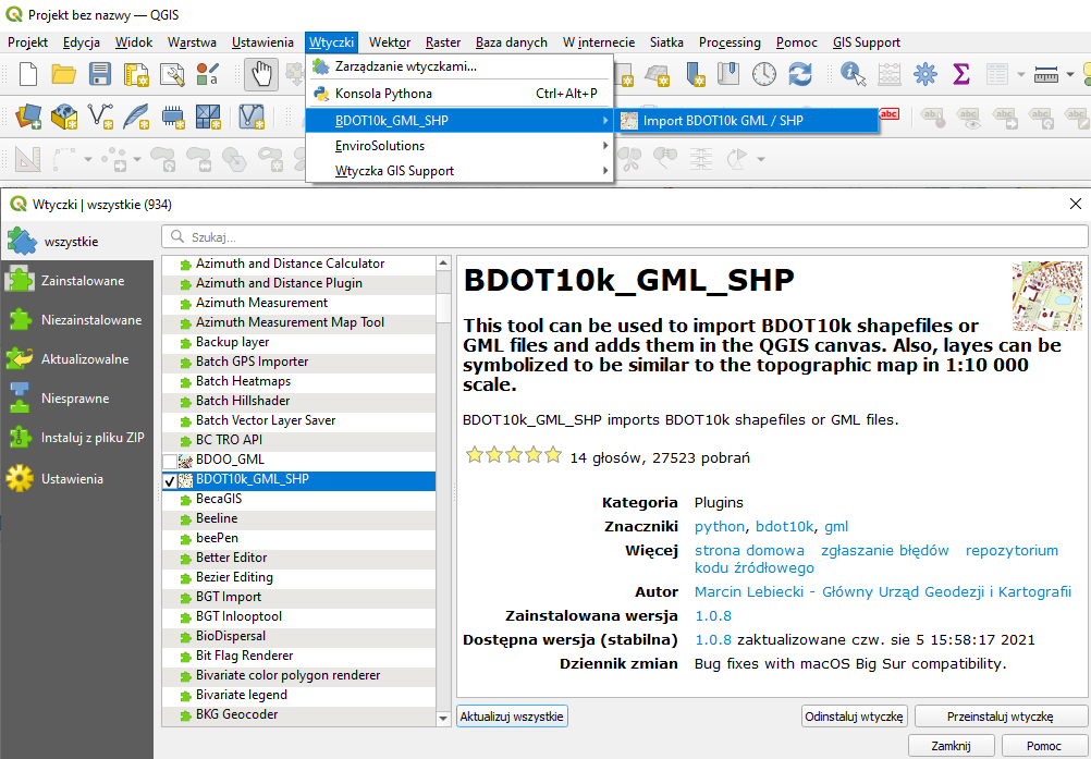 Ilustracja przedstawia lokalizację wtyczki BDOT10k_GML_SHP w repozytorium wtyczek programu QGIS.