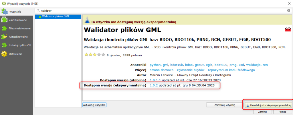 rys2- zrzut przedstawia sposób podłączenia wersji eksperymentalnej wtyczki "Walidator plików GML"