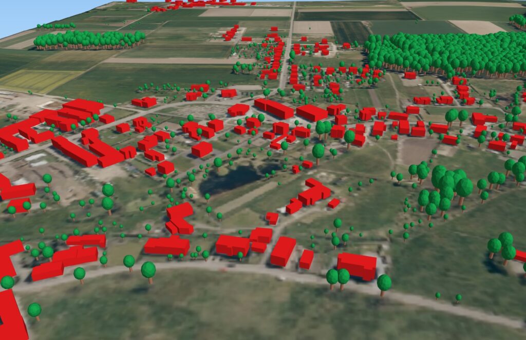 rys1 - zrzut przedstawia wygenerowane modele 3D drzew wraz z modelami 3D budynków dla woj. opolskiego