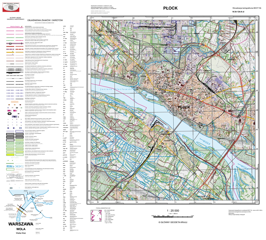 Rys1. Ilustracja przedstawia zrzut ekranu z przykładową wizualizacją kartograficzną BDOT10k w skali 1:25 000 dla obszaru woj. łódzkiego.