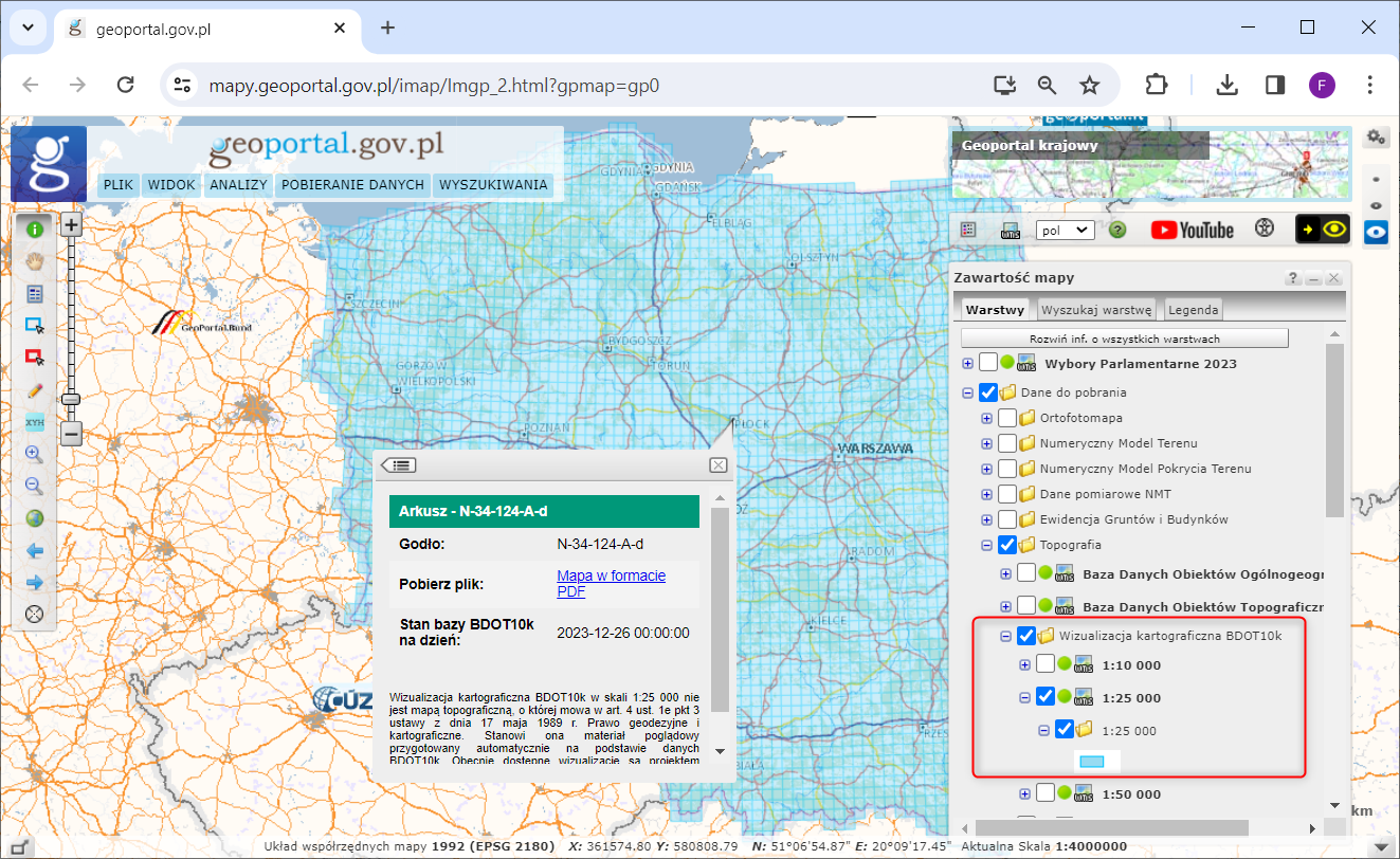 Rys2. Ilustracja przedstawia zrzut ekranu z serwisu www.geoportal.gov.pl prezentujący sposób pobierania wizualizacji kartograficznych BDOT10k.