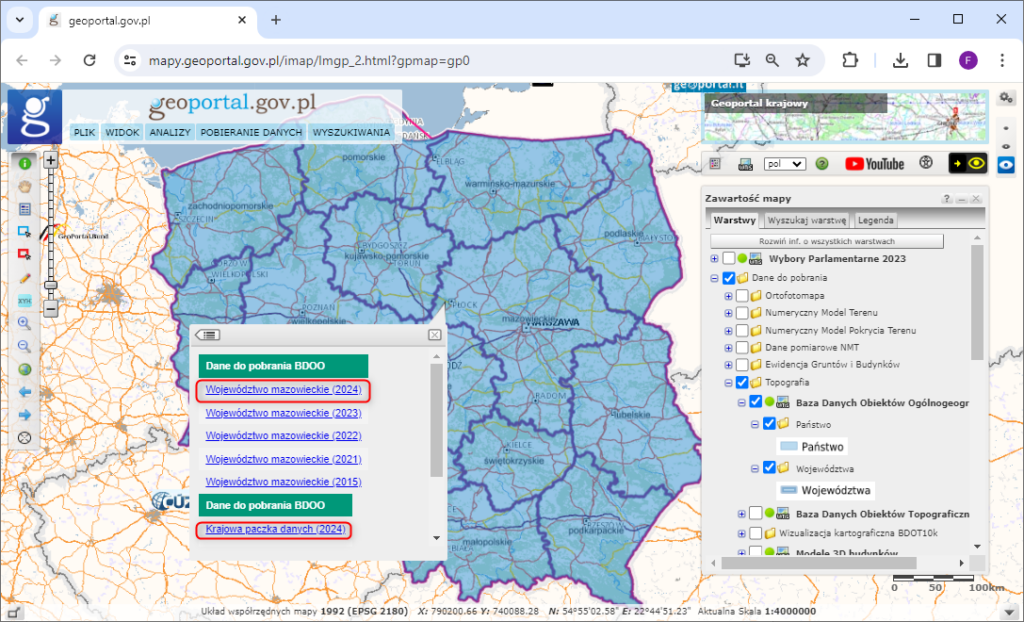 rys1 - ilustracja przedstawia zrzut z serwisu www.geoportal.gov.pl prezentujący sposób pobierania danych BDOO w nowym modelu GML.