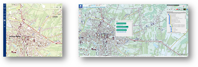 Rys. 2 Ilustracja przedstawia zaktualizowany zbiór danych BDOT10k dla powiatu buskiego w Portalu BDOT10k oraz w usłudze Baza Danych Obiektów Topograficznych.