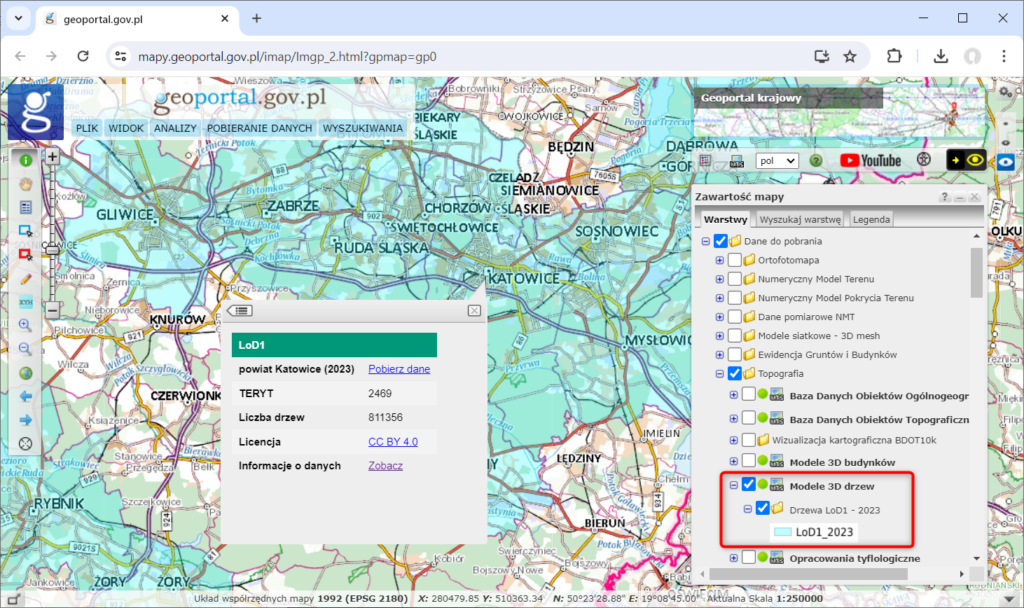 zrzut ekranu przedstawiający sposób pobierania modeli 3D drzew w serwisie www.geoportal.gov.pl