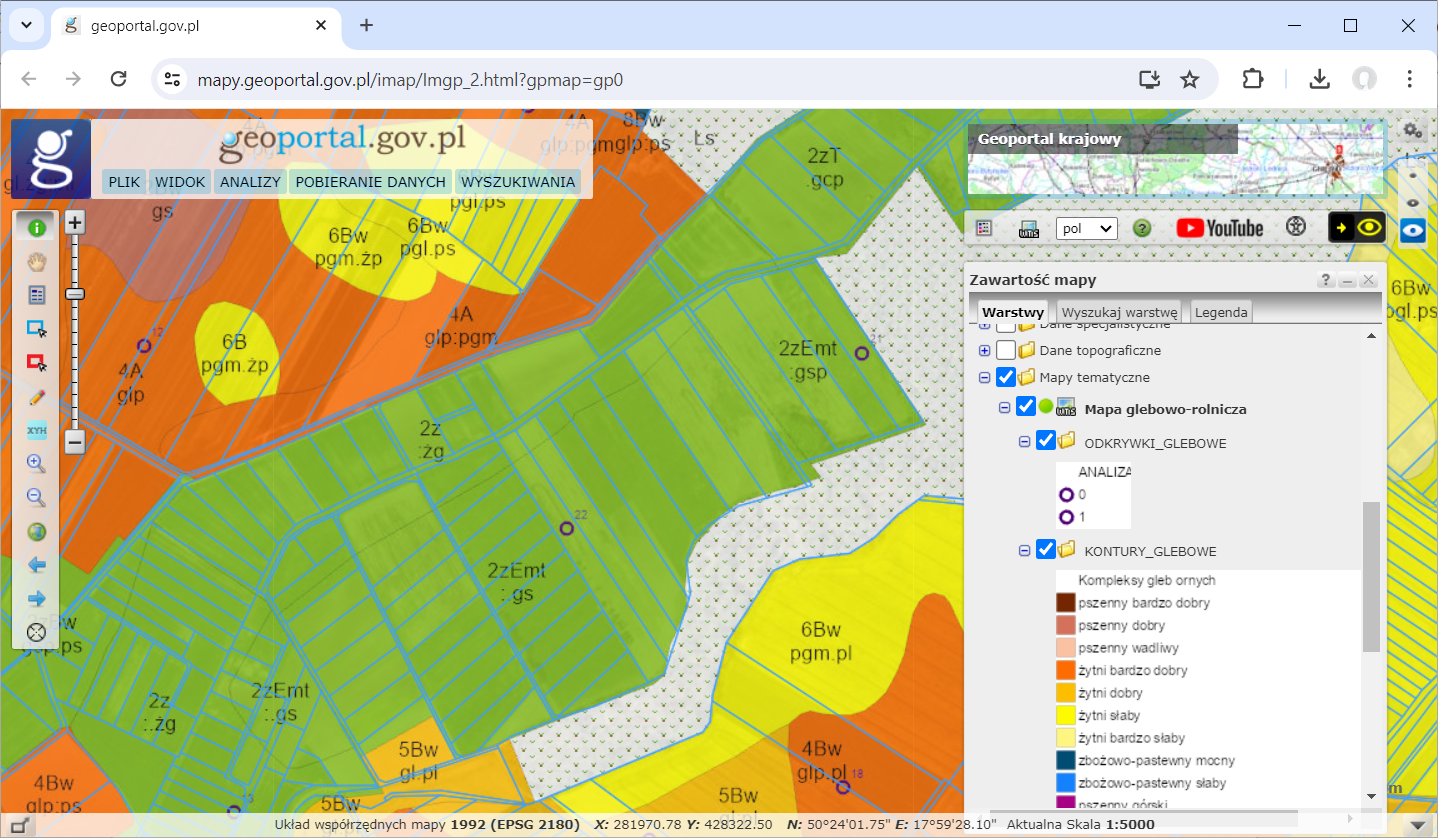 Usługa WMS prezentująca mapę glebowo-rolniczą dostępna w serwisie www.geoportal.gov.pl