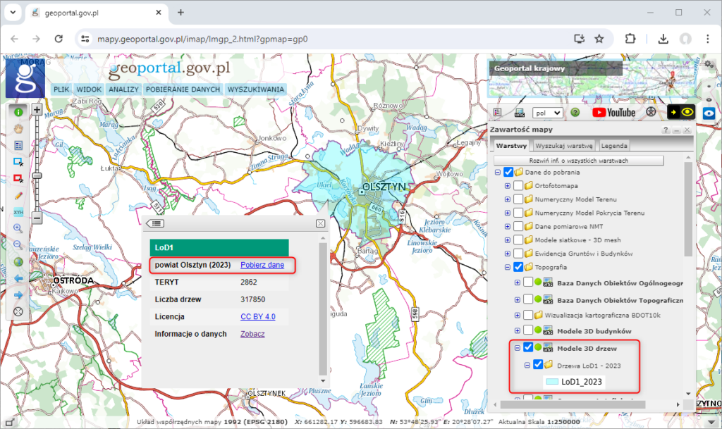 zrzut ekranu przedstawiający sposób pobierania modeli 3D drzew w serwisie www.geoportal.gov.pl