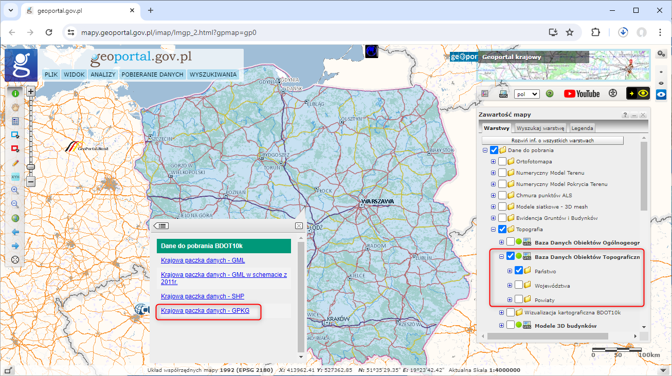 Połączone klasy obiektów BDOT10k w formacie .gpkg dla obszaru kraju dostępne w serwisie www.geoportal.gov.pl