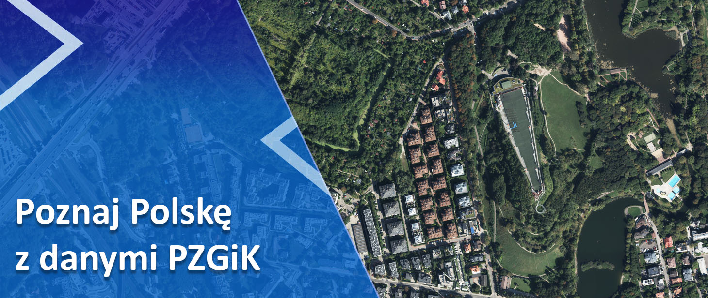 grafika z napisem Poznaj Polskę z danymi PZGiK i zdjęciem z PZGiK przedstawiającym Park Szczęśliwicki