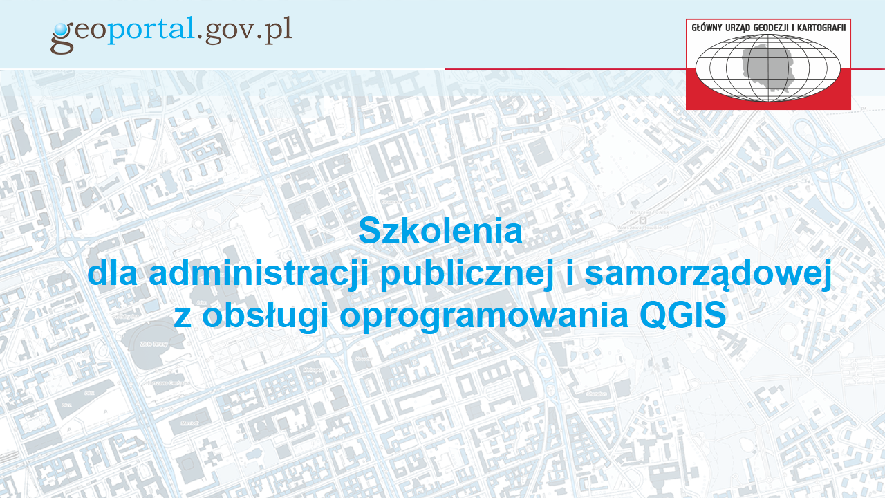 Baner z napisem "Szkolenia dla administracji publicznej i samorządowej z obsługi programu QGIS"
