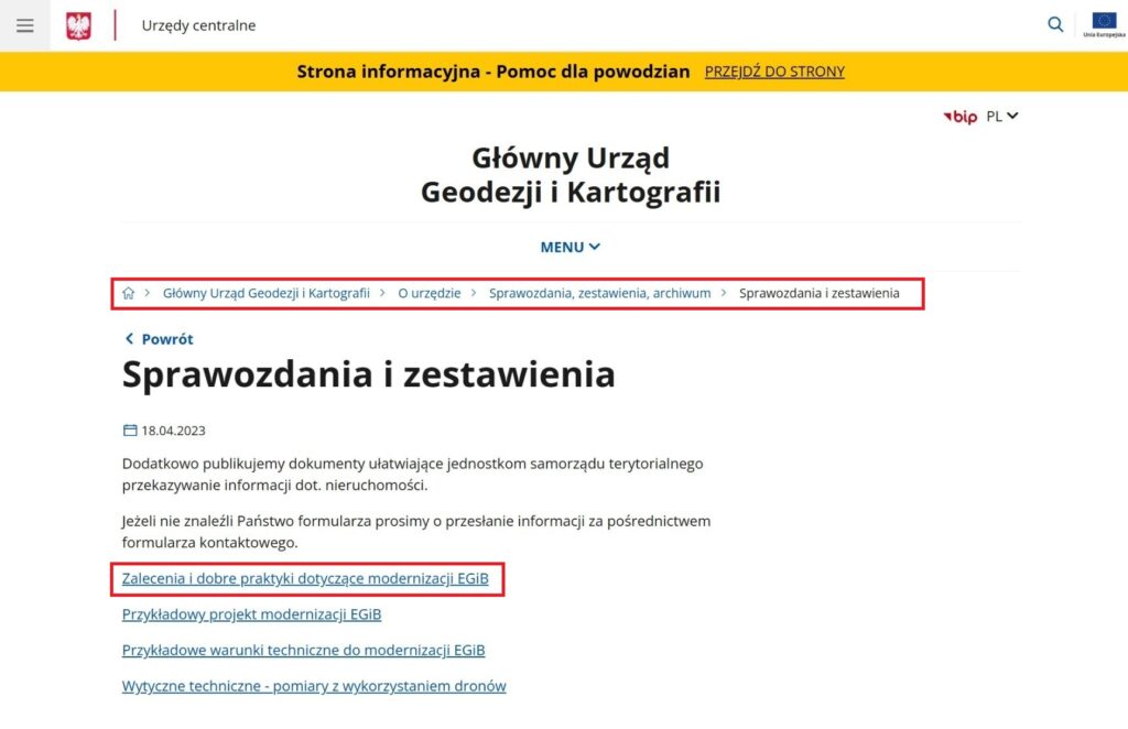 Ilustracja przedstawia zrzut ekranu prezentujący lokalizację dokumentu ZALECENIA I DOBRE PRAKTYKI DOTYCZĄCE PRZEPROWADZENIA MODERNIZACJI EWIDENCJI GRUNTÓW I BUDYNKÓW