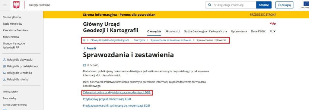 rys2 Ilustracja przedstawia zrzut ekranu prezentujący lokalizację dokumentu ZALECENIA I DOBRE PRAKTYKI DOTYCZĄCE PRZEPROWADZENIA MODERNIZACJI EWIDENCJI GRUNTÓW I BUDYNKÓW