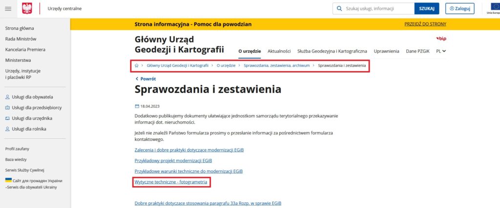 Ilustracja przedstawia zrzut ekranu prezentujący lokalizację dokumentu wytyczne techniczne w zakresie geodezyjnych pomiarów sytuacyjnych realizowanych z wykorzystaniem fotogrametrycznych platform bezzałogowych, w szczególności na potrzeby realizacji modernizacji ewidencji gruntów i budynków w zakresie budynków