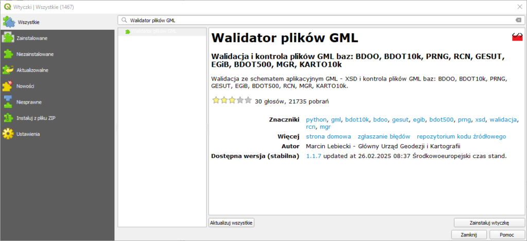 rys3 - Ilustracja przedstawia sposób instalacji wtyczki Walidator plików GML w oprogramowaniu QGIS