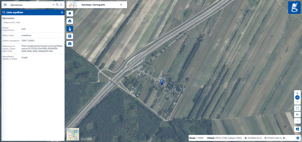 Zrzut ekranu z PRNG z zaznaczoną wsią "Ojcowizna"