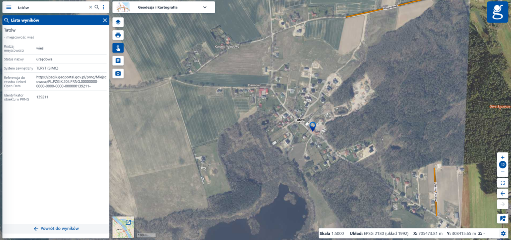 Zrzut ekranu z PRNG z zaznaczoną wsią "Tatów"