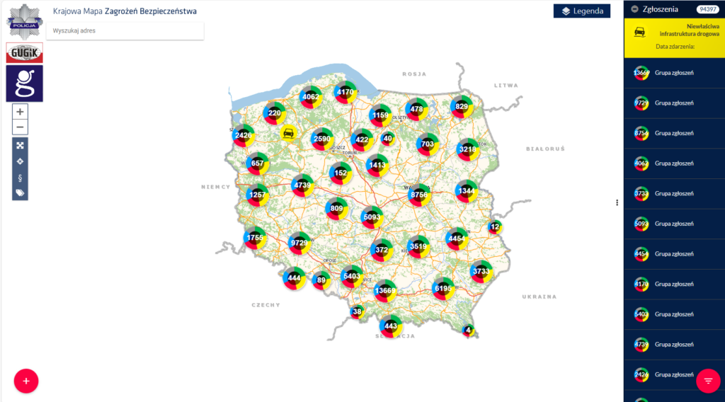 zrzut ekranu z panelu Krajowa Mapa Zagrożeń Bezpieczeństwa z serwisu www.geoportal.gov.pl