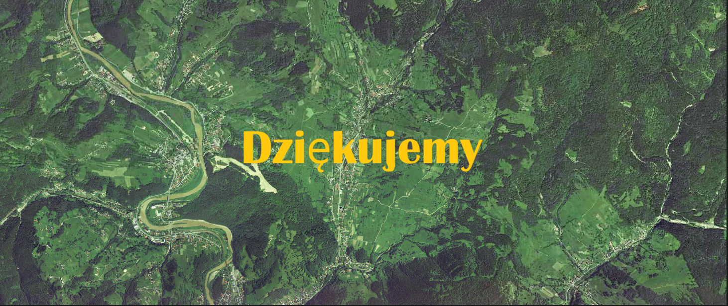 Baner z mapą w kolorze zielonym i ciemnożółtym napisem "Dziękujemy"