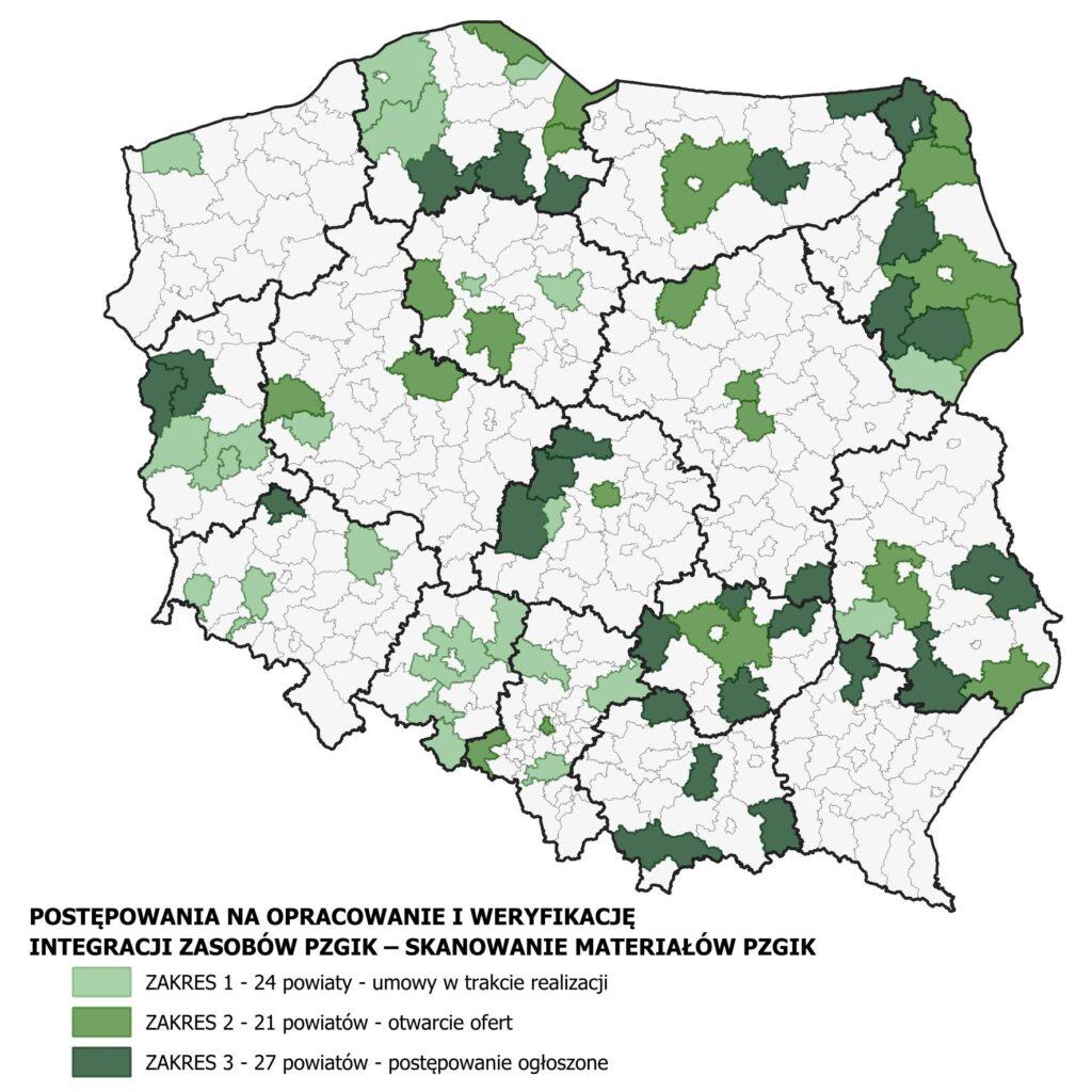 Rysunek przedstawia stan realizacji zamówień na opracowanie i weryfikację zasobów pzgik - skanowanie materiałów pzgik