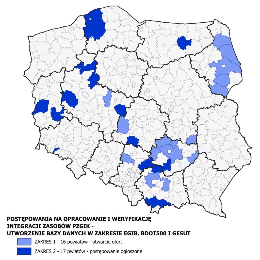 Rysunek przedstawia stan realizacji zamówień na opracowanie i weryfikację zasobów pzgik - utworzenie bazy danych zakresie EGIB, BDOT500 i GESUT